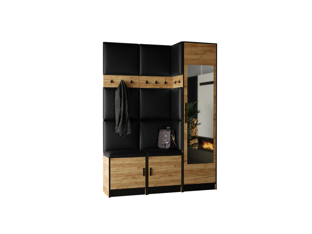 GARDEROBE ROJ 20 - 159,6x205x39cm Eiche Craft Gold + Kunstleder Schwarz - Honigeiche/Schwarz Hochglanz, Holzwerkstoff (159.6/205/39cm) - Kier Furniture