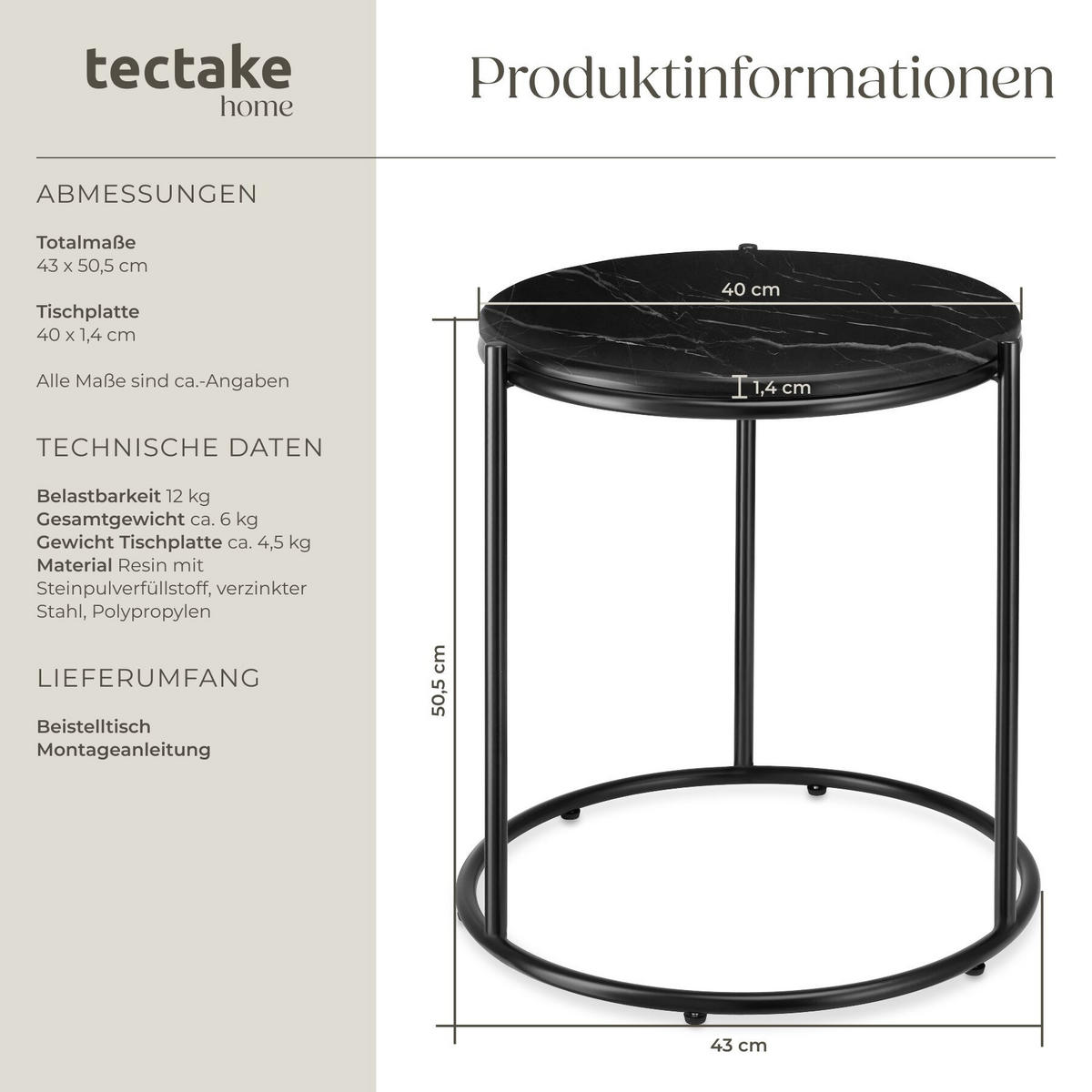 BEISTELLTISCH Ellsa, 43 x 43 x 50,5 cm, schwarz/schwarz - Schwarz, Kunststoff (43/43/50.5cm) - tectake