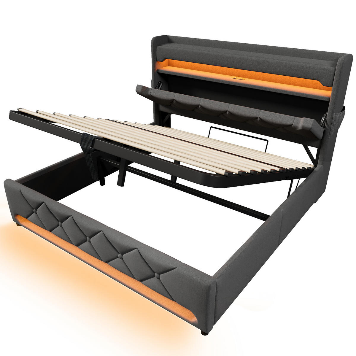 BETT mit Stauraum und LED 180/200 cm - Grau, Holzwerkstoff/Textil - Urban Meuble