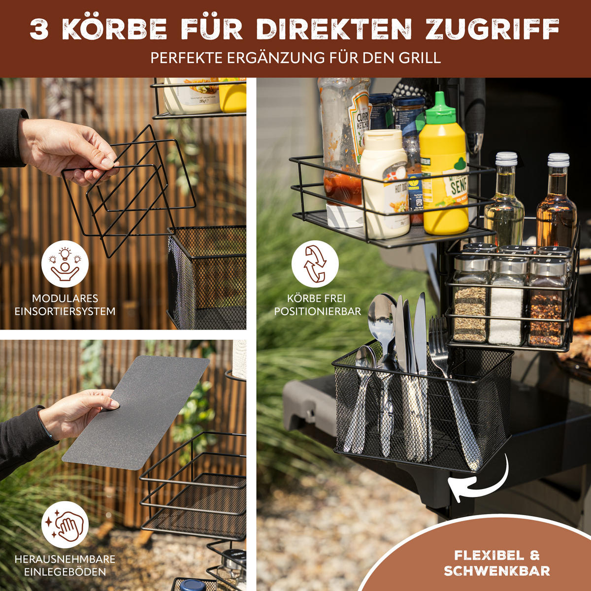 GRILLZUBEHÖR-ORGANIZER 5in1, schwarz, Metall - Schwarz, Metall (35cm) - eluno