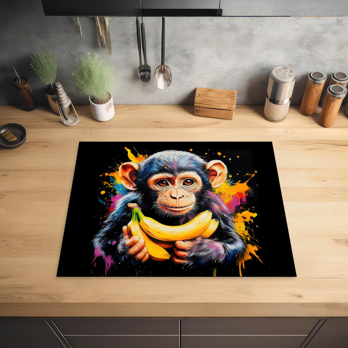 HERABDECKPLATTE - Affe - Graffiti - Farbenfroh - Bananen - Modern - 65x55 - Gelb, Kunststoff (65/55/0.2cm) - MuchoWow