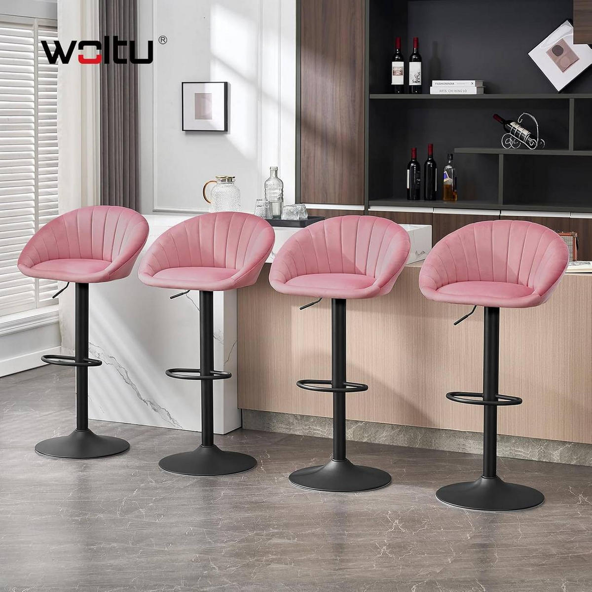 BARHOCKER 4er Set mit Rückenlehne, Samt, Rosa - Schwarz/Rosa, Textil/Metall (53/83/45cm) - Woltu