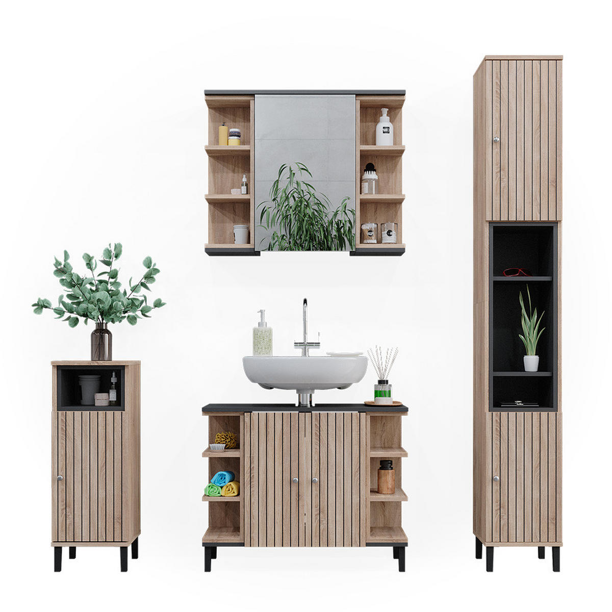 BADMÖBEL-SET Aquis Sonoma 4 Teile - Anthrazit/Sonoma Eiche, Holzwerkstoff (79.6/64/32cm) - Vicco