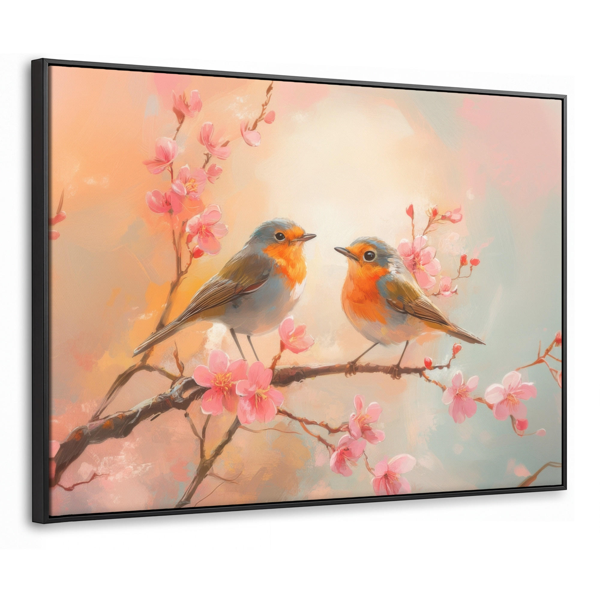 LEINWAND Bilder mit Rahmen - Rotkehlchen - Zierpflanze - Blütenzweig - 100x70 - Hellrosa, Textil (100/70cm) - MuchoWow