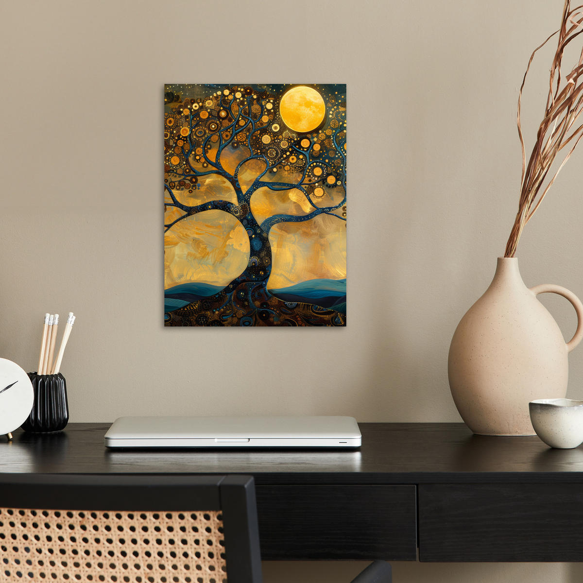 POSTER Baum - Mond - Blumen - Gold - Kunst 30x40 cm - Orange, Papier (30/40/0.1cm) - MuchoWow