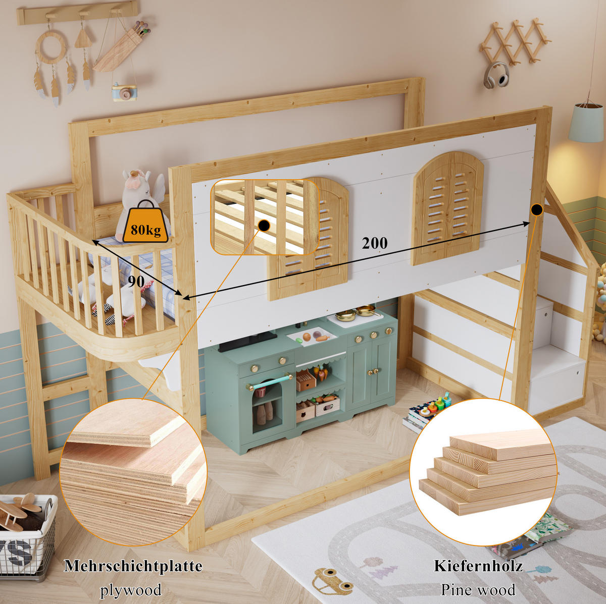 HOCHBETT 90/200 cm aus Kiefer und MDF mit Treppenschrank und Spielfläche Weiß/Natur - Naturfarben, Holz (90/200cm) - Modenvie