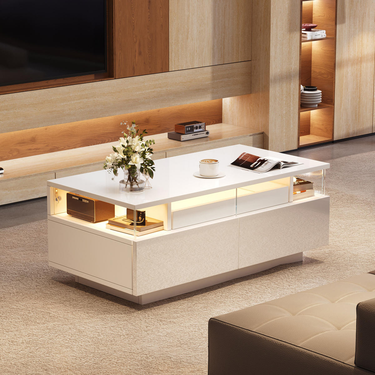 COUCHTISCH 90/45/35.5 cm Weiß aus Spanplatte mit LED und 2 Schubladen - Weiß, Holzwerkstoff (90/45/35.5cm) - OKMYHOME