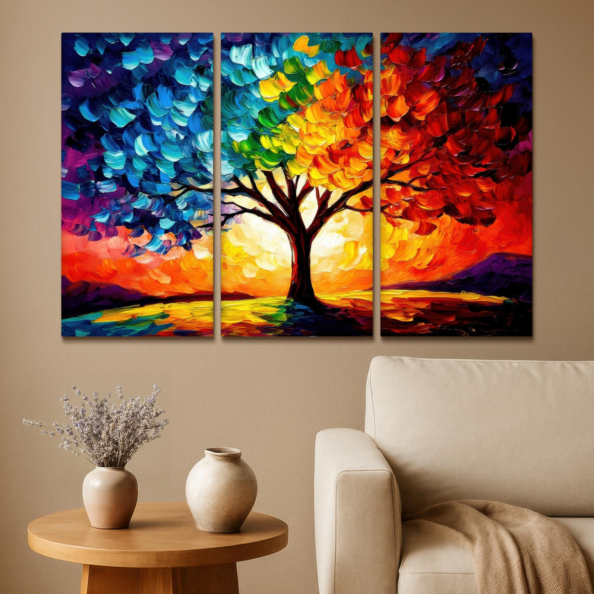 LEINWANDBILD 3er Set Baum - Farbenfroh - Malerei-Look - Abstrakt 120x80 cm - Multicolor, Textil (120/80cm) - MuchoWow
