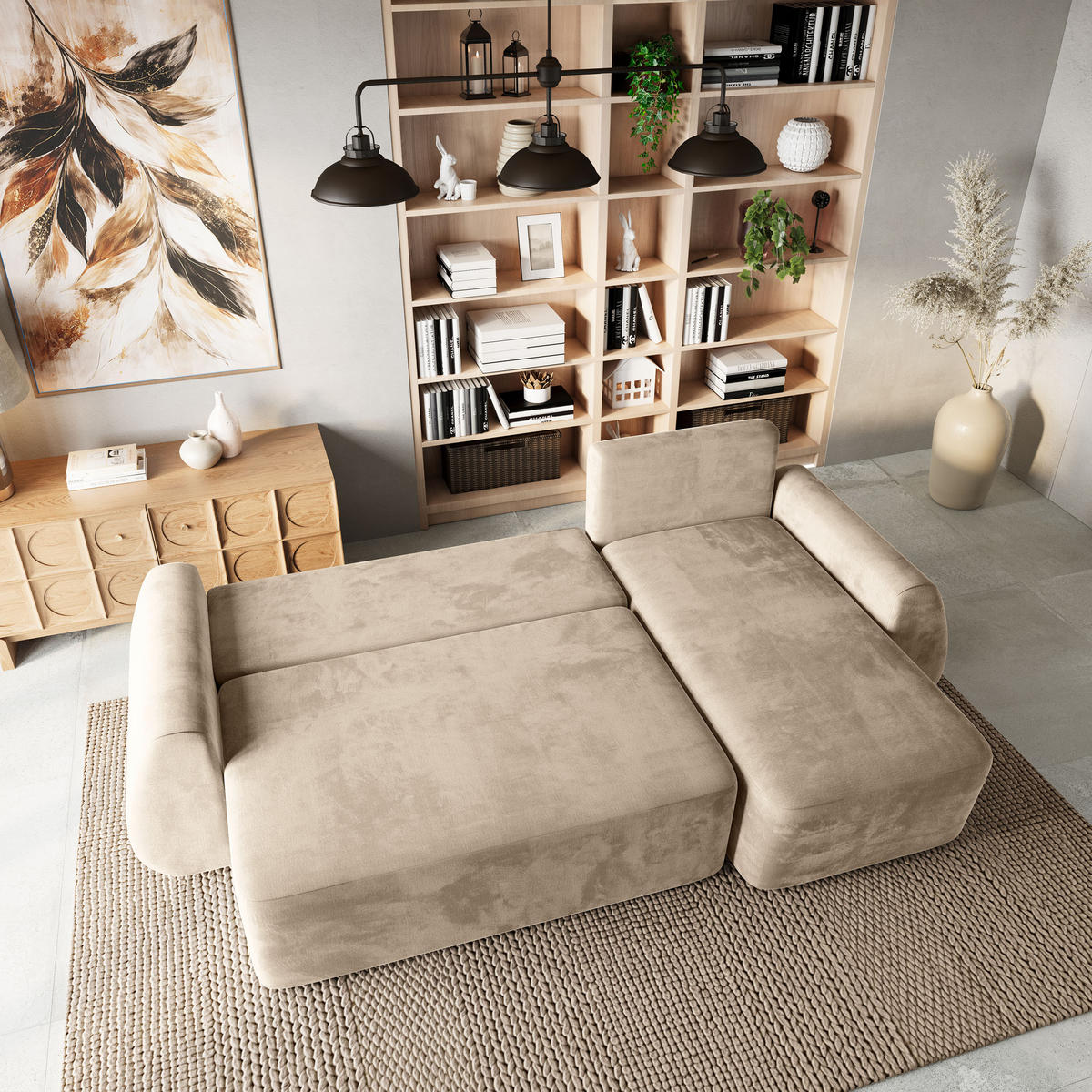 ECKSOFA GALVIS Creme Velours-Stoff mit Schlaffunktion - Creme, Holz (256/156cm) - MASSENO