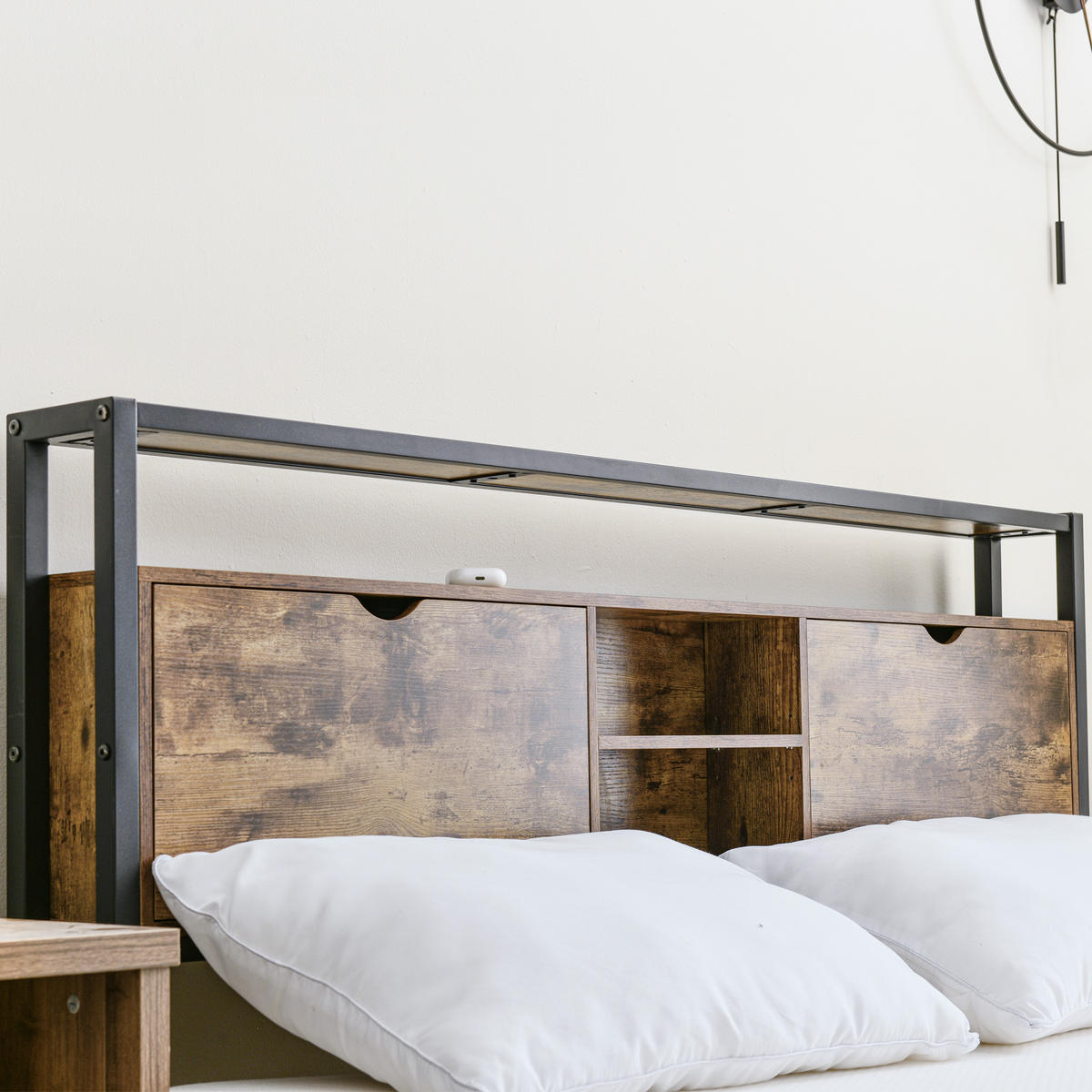 BETT 140/200 cm mit Stauraum-Kopfteil, Metall-Lattenrost & Unterbett-Stauraum, Natur - Naturfarben, Metall (140/200cm) - Redom