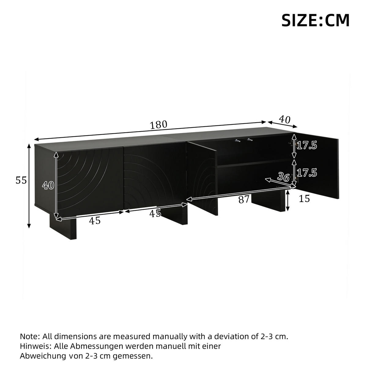 LOWBOARD in Schwarz TV-Schrank mit 2 Ablagen, für 75-Zoll-Fernseher , B180/T40/H55 cm - Schwarz, Holzwerkstoff (180/55/40cm) - STILVORA