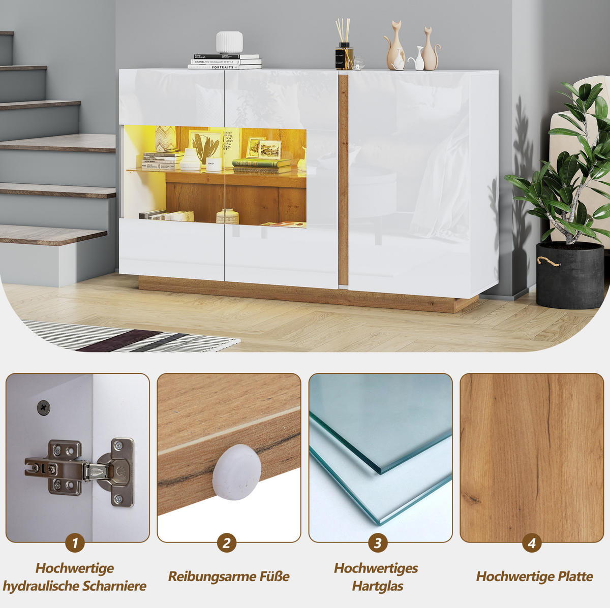 SIDEBOARD aus Spanplatte und Glas 138x38,5x90,5 cm Weiß Hochglanz mit RGB-LED-Beleuchtung - Weiß, Holzwerkstoff (138/90.5/38cm) - IVMEU