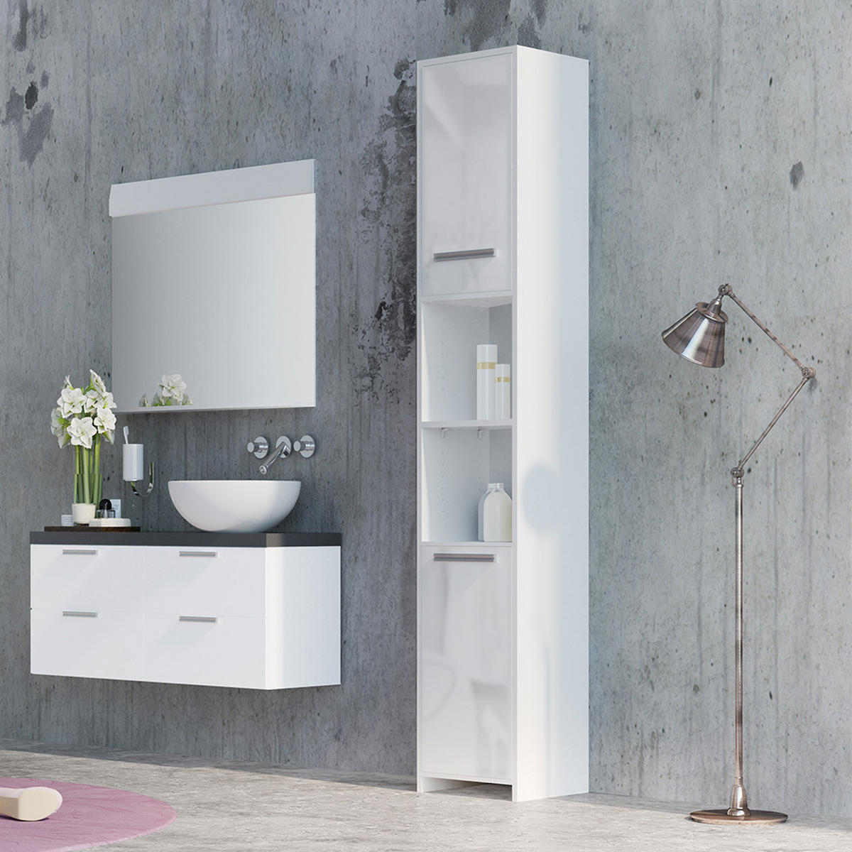 BADSCHRANK Kiko Weiß 30 x 195 cm - Weiß Hochglanz/Weiß, Holzwerkstoff (30/195/30cm) - Vicco