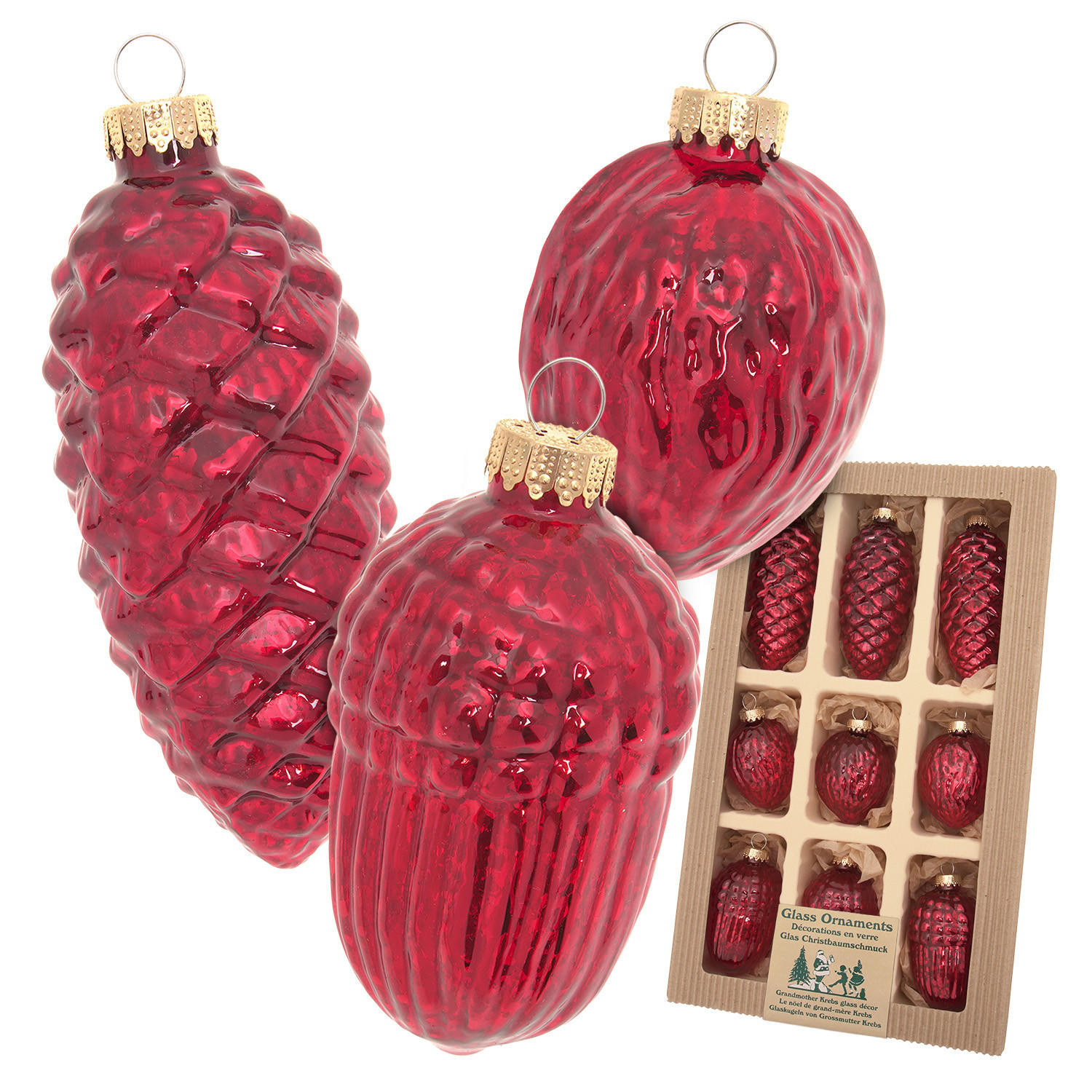 CHRISTBAUMSCHMUCK Nüsse und Zapfen Antik Rot 10cm (Glas / 9 Stk.) - Rot, Glas (5/10/5cm) - Krebs Glas Lauscha