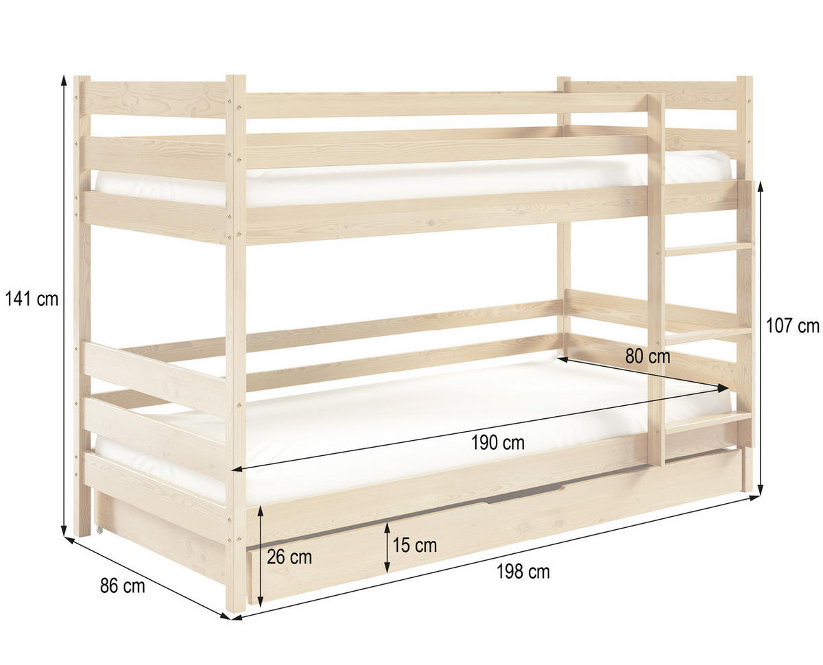 ETAGENBETT SIMBA mit Bettkasten 80x190 cm Weiß - Weiß, Holz (80/190cm) - MASSENO