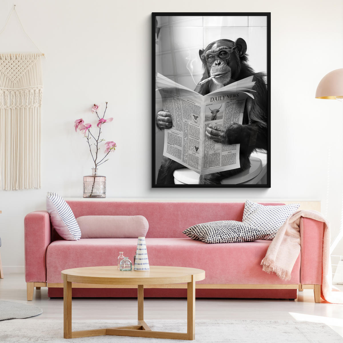 GERAHMTES BILD Affe - WC - Zeitung - Schwarz-Weiß - Humor 80x120 cm - Hellgrau, Papier (80/120cm) - MuchoWow