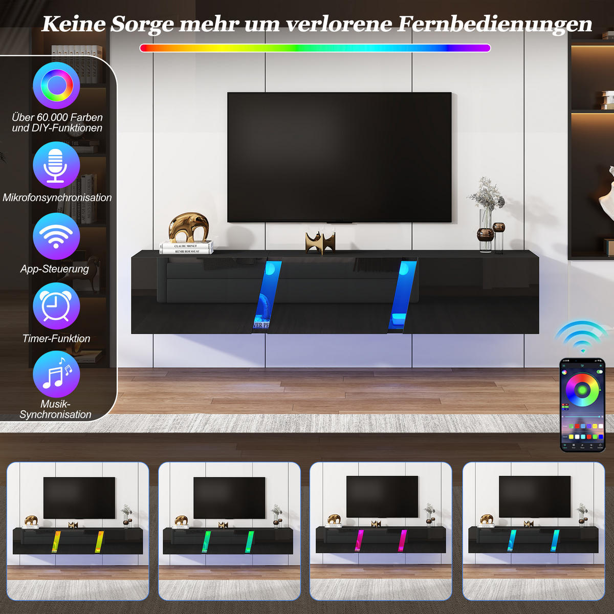 TV-SCHRANK Wandmontiert LED Hochglanz 3 Türen Schwarz - Schwarz, Holzwerkstoff (180/30/35cm) - FLIEKS
