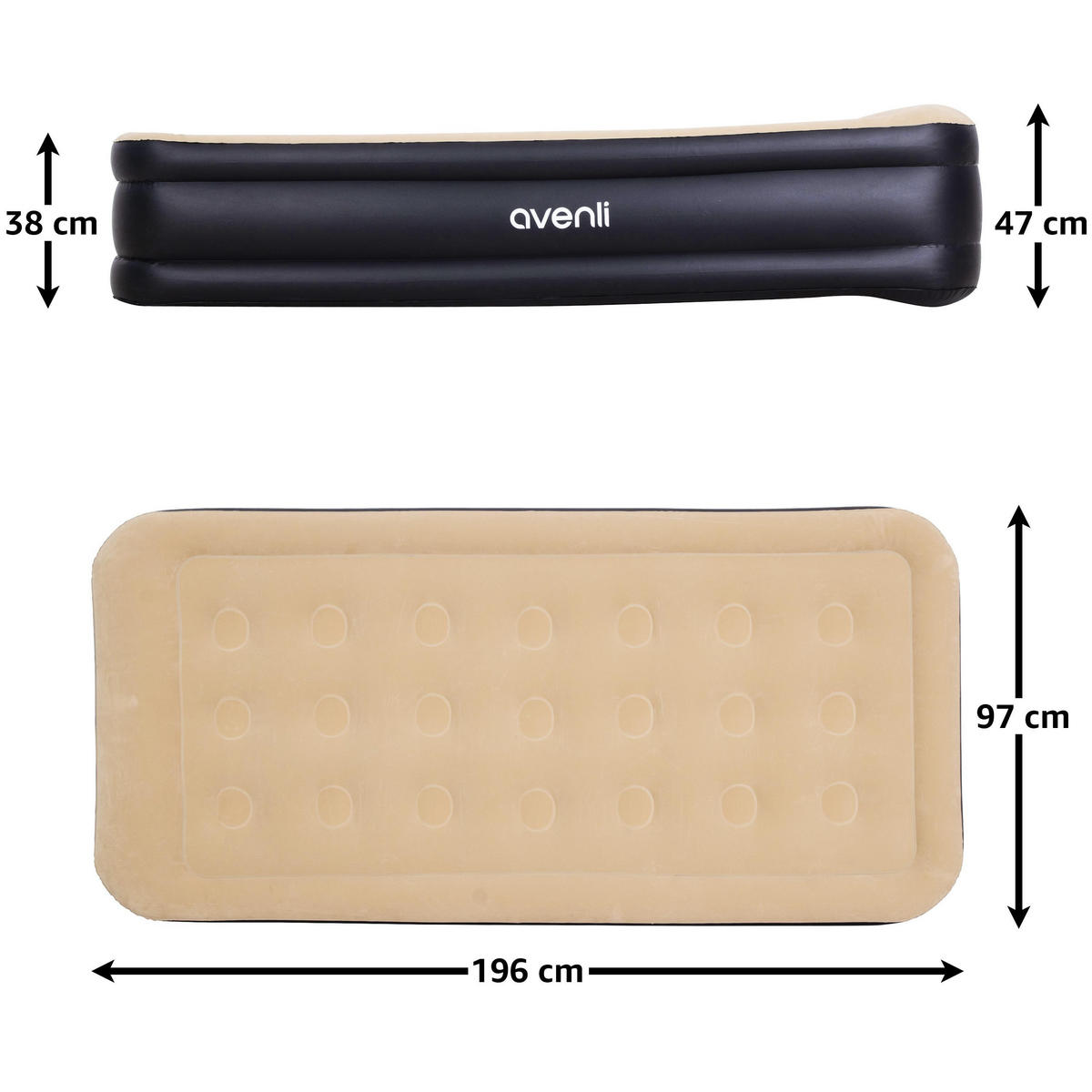 LUFTBETT Luftmatratze selbstaufblasend 196 x 97 x 47 cm mit integrierter Pumpe - Beige/Schwarz, Kunststoff (97/196cm) - Avenli