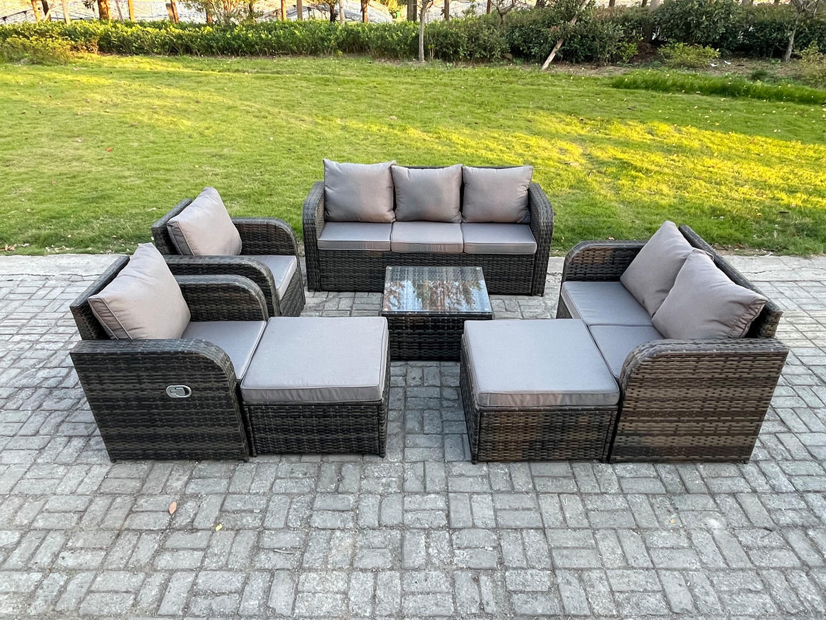GARTENMÖBEL SET mit 3-SITZER SOFA Polyrattan Dunkelgrau 9-Sitzer - Dunkelgrau/Grau, Glas/Kunststoff - Fimous
