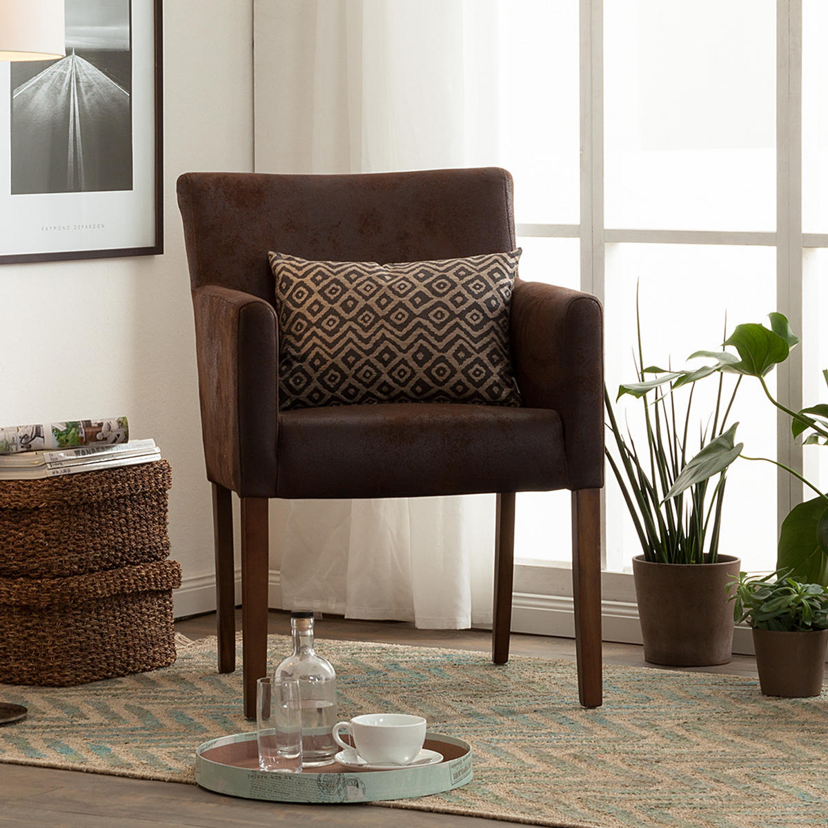 ARMLEHNENSTUHL - Microfaser / Massivholz - Braun, Holz/Textil (62/85/66cm) - home24