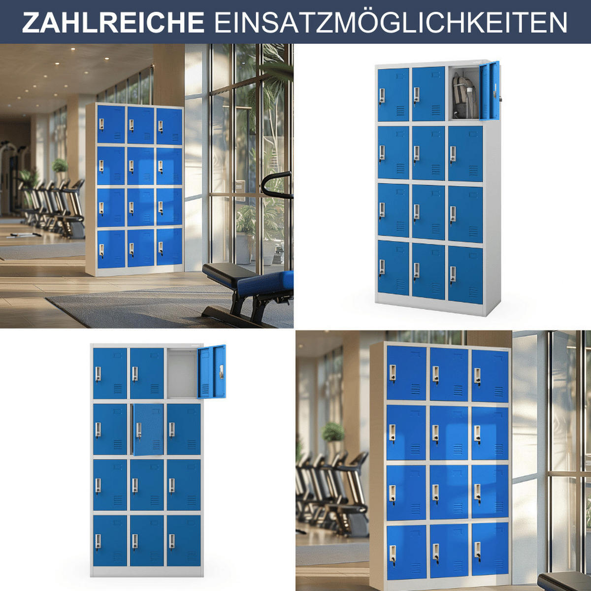 SCHLIESSFACHSCHRANK Spind BERN 12 Fächer185x90x40cm Grau-Blau - Grau, Metall (90/185/40cm) - DELUKE
