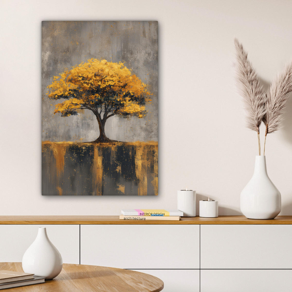 LEINWANDBILD Baum - Blätter - Gold - Abstrakt Wanddeko Schlafzimmer 60x90 cm - Grau, Textil (60/90cm) - MuchoWow