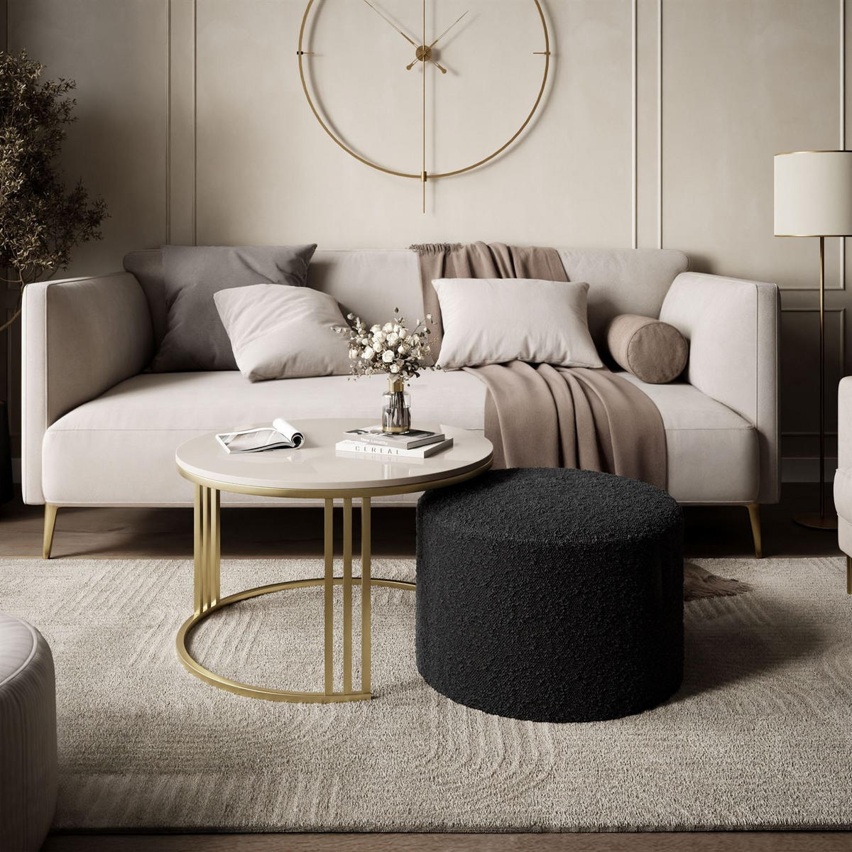 COUCHTISCH mit Hocker LORI Hochglanz gebürstetes Gold/glänzender Kaschmir/Coral 60 - Kaschmir, Metall (70/70/49cm) - Lookway