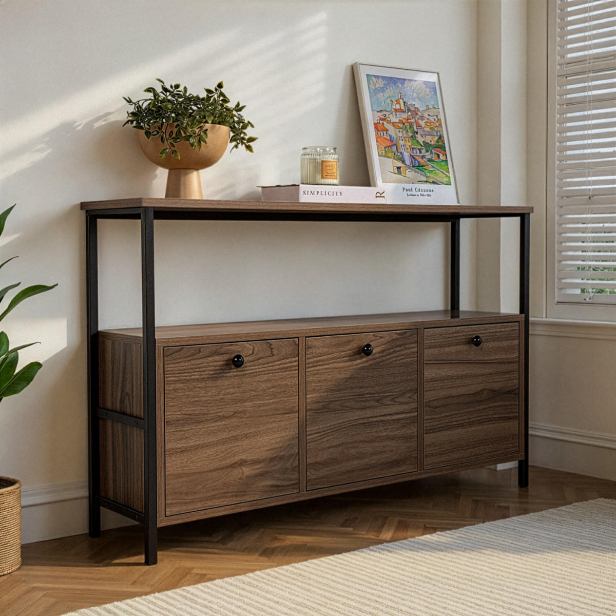 SIDEBOARD mit 3 Türen und 1 oberer Ablagefläche 120/29,5/77 cm - Schwarz, Holzwerkstoff (29.5/77/120cm) - Calicosy