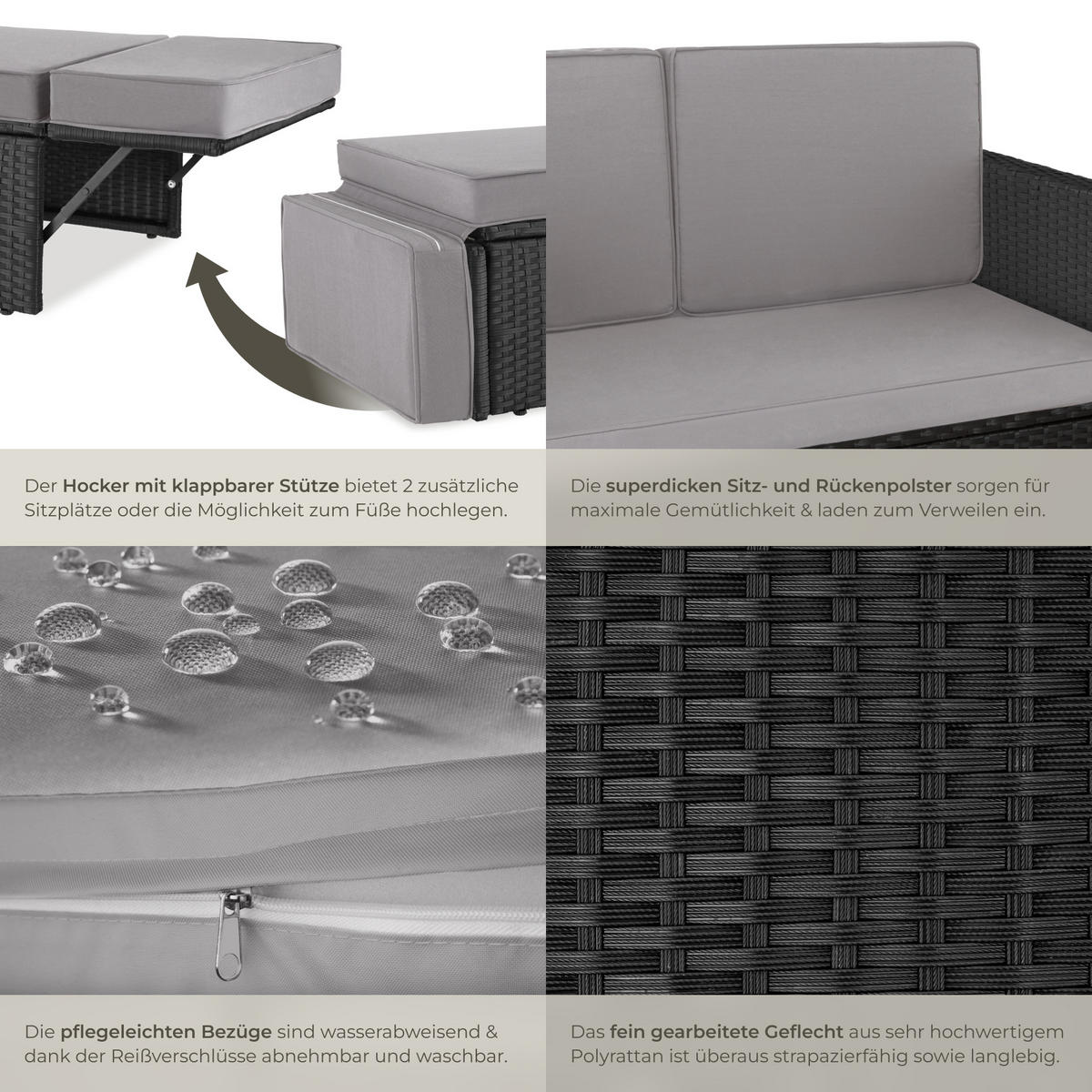 RATTANLOUNGE Korfu,Hocker mit klappbarer Stütze,schwarz/grau - Schwarz/Grau, Kunststoff - tectake