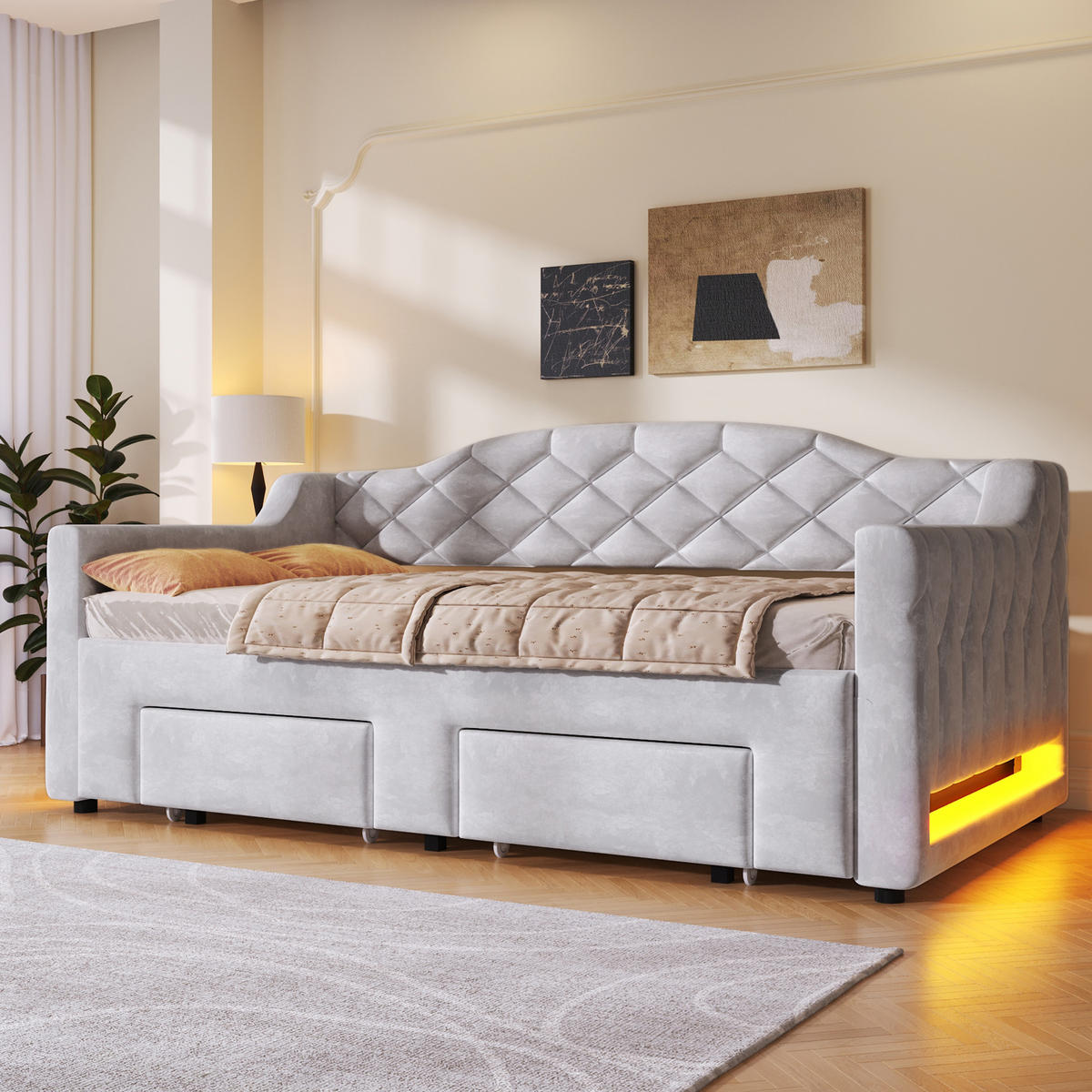 SCHLAFSOFA 90/200 cm & 180/200 cm in Grau mit 2 Schubladen und LED Stoff - Schwarz/Grau, Holzwerkstoff/Textil (90/200cm) - STILVORA