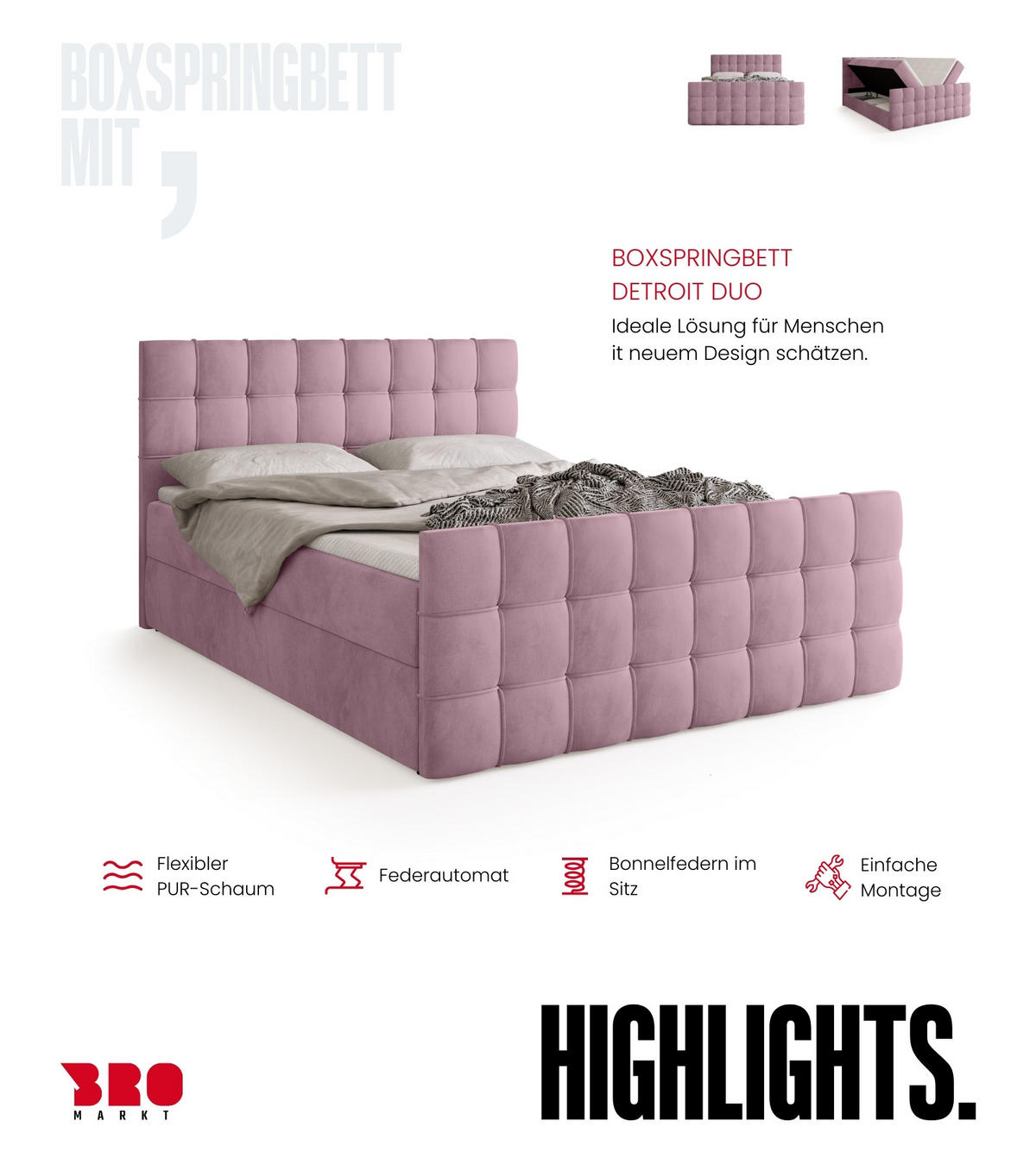 BOXBETT Detroit Duo mit Topper 160/200 Puderrosa - Rosa, Textil (160/200cm) - Bromarkt