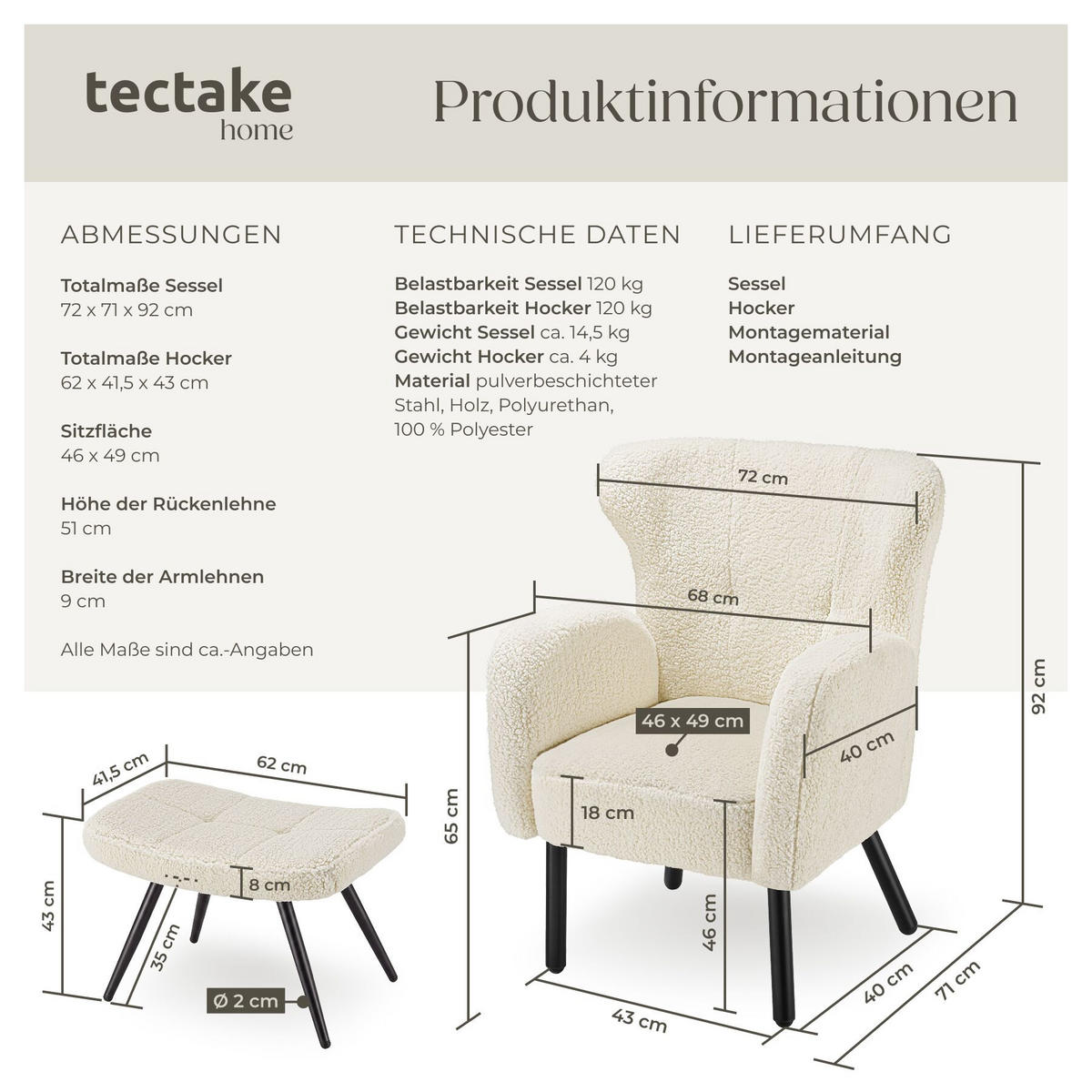 SESSEL MIT HOCKER Vänersborg, Belastbarkeit 120 kg, Bouclé creme/schwarz - Creme/Schwarz, Kunststoff (72/92/71cm) - tectake