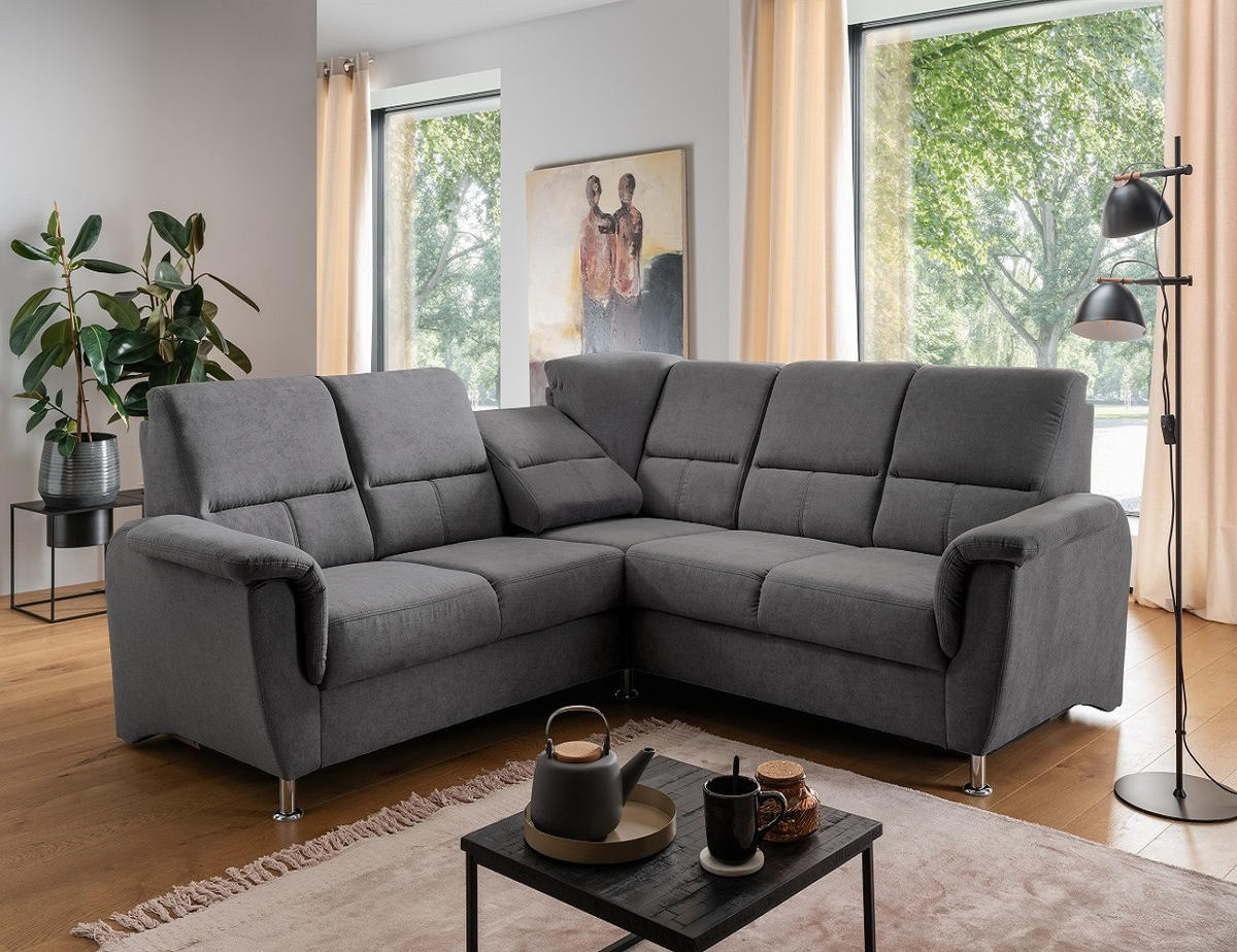 ECKSOFA mit gleichschenkligen Seitenlängen, Federkern - Chromfarben/Dunkelgrau, Textil/Metall (221/221cm) - myHomelando