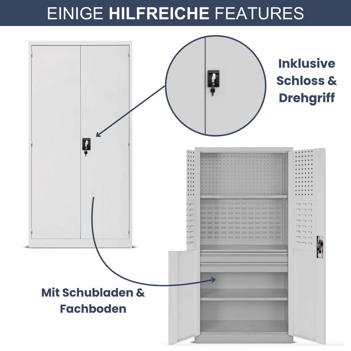 WERKZEUGSCHRANK mit Lochwand AESO 185x92x50cm Grau - Grau, Metall (92/185/50cm) - DELUKE
