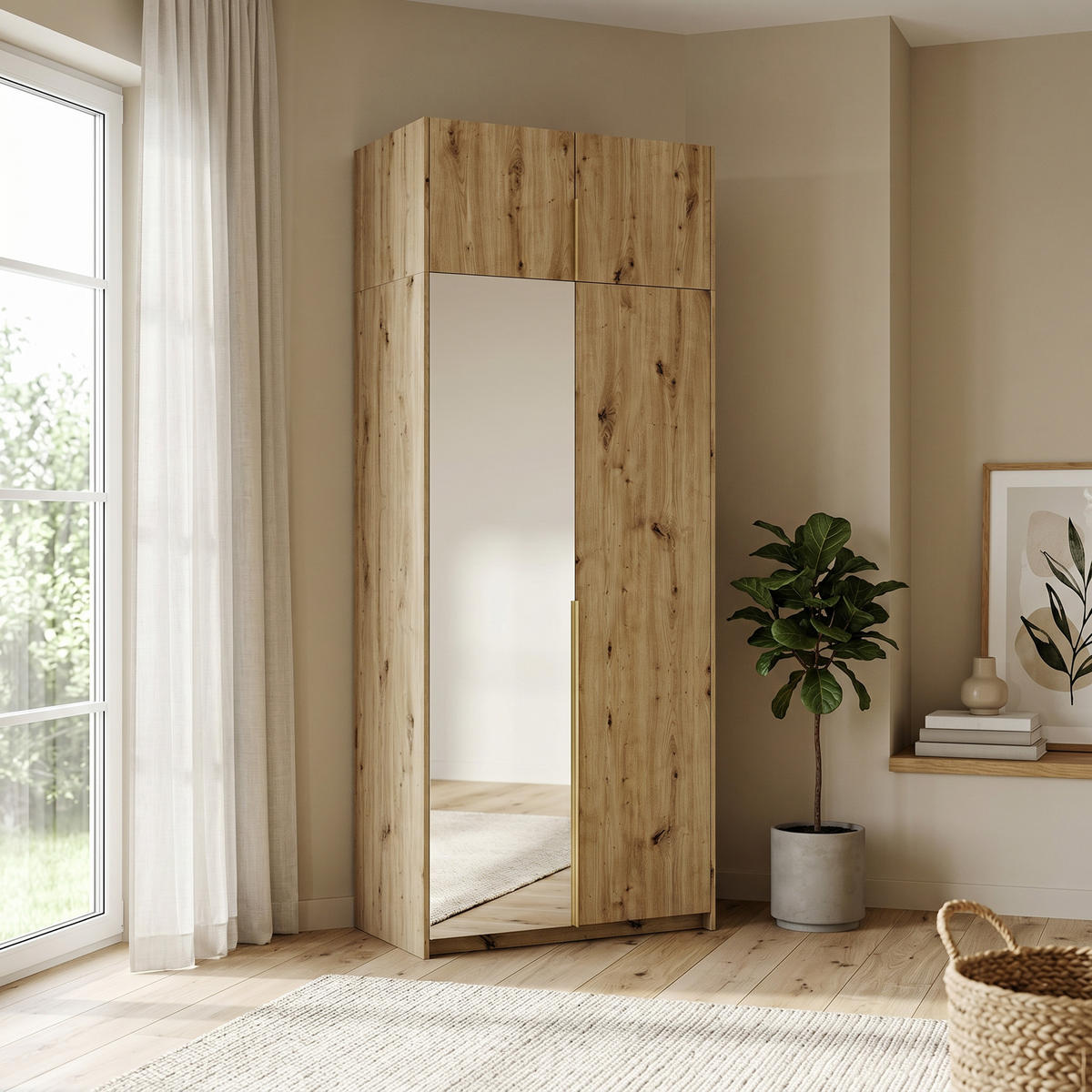 DREHTÜRENSCHRANK THALIA 100/250/58cm 2-türig mit Spiegel Eiche Artisan - Eiche Artisan, Holzwerkstoff (100/250/58cm) - MASSENO
