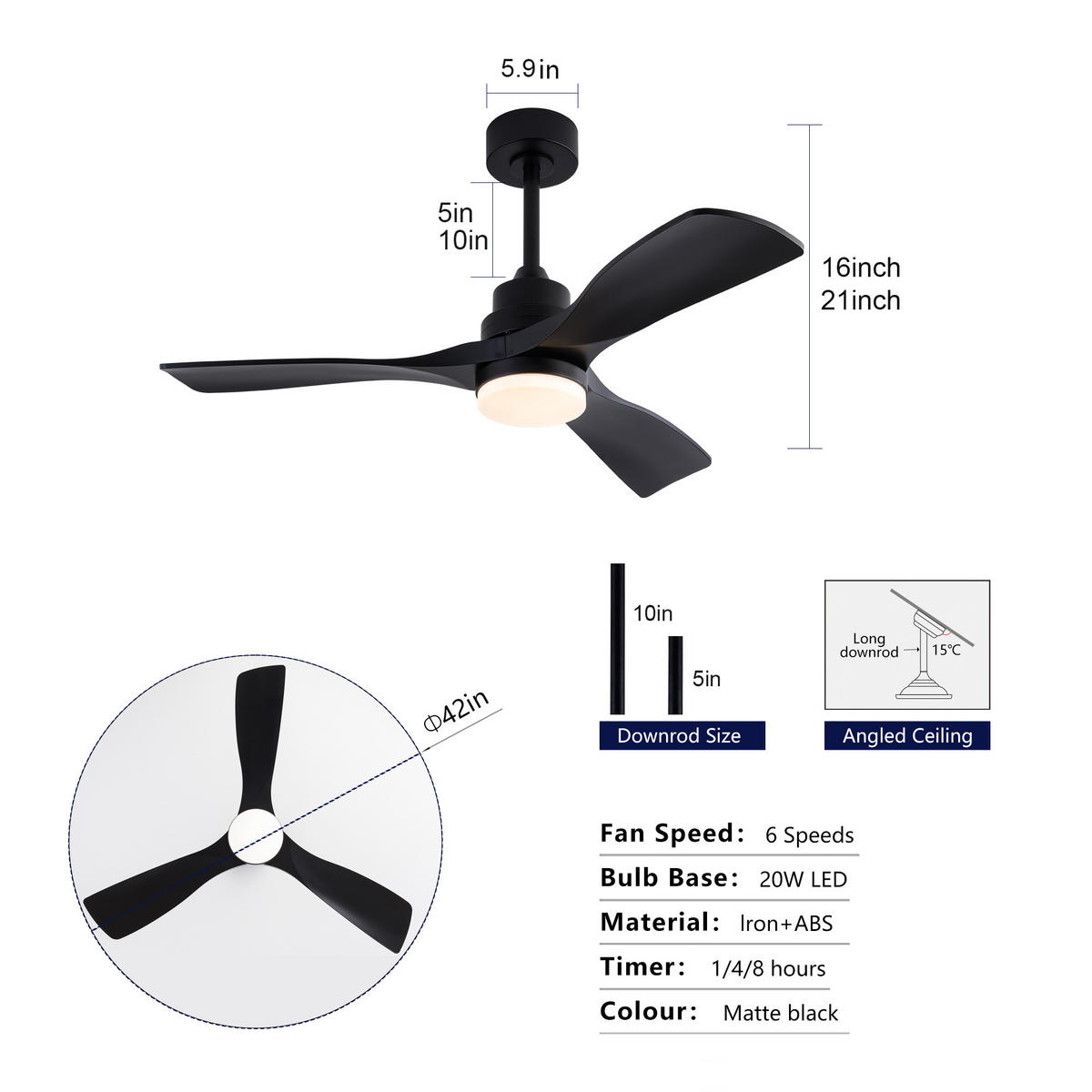 DECKENVENTILATOR 42Zoll Schwarz LED Licht 3 Flügel DC Motor - Schwarz, Kunststoff (107/107/40cm) - CASIVA