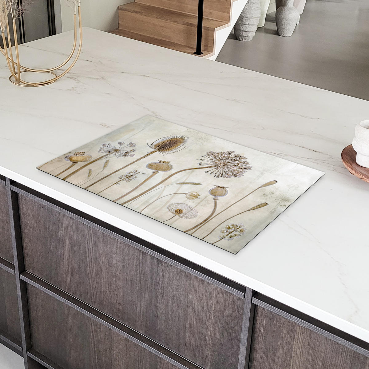 HERDABDECKPLATTE Blumen - Aquarell - Stilleben - Braun - Vintage 81x52 cm - Sandfarben, Kunststoff (81.2/52/0.2cm) - MuchoWow