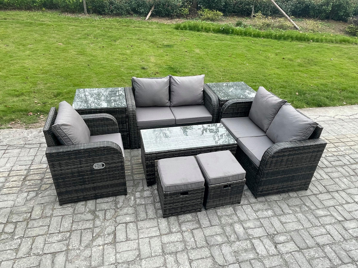 GARTENSOFA SET mit rechteckigem COUCHTISCH Polyrattan 7-Sitzer Dunkelgrau - Dunkelgrau/Grau, Glas/Kunststoff - Fimous