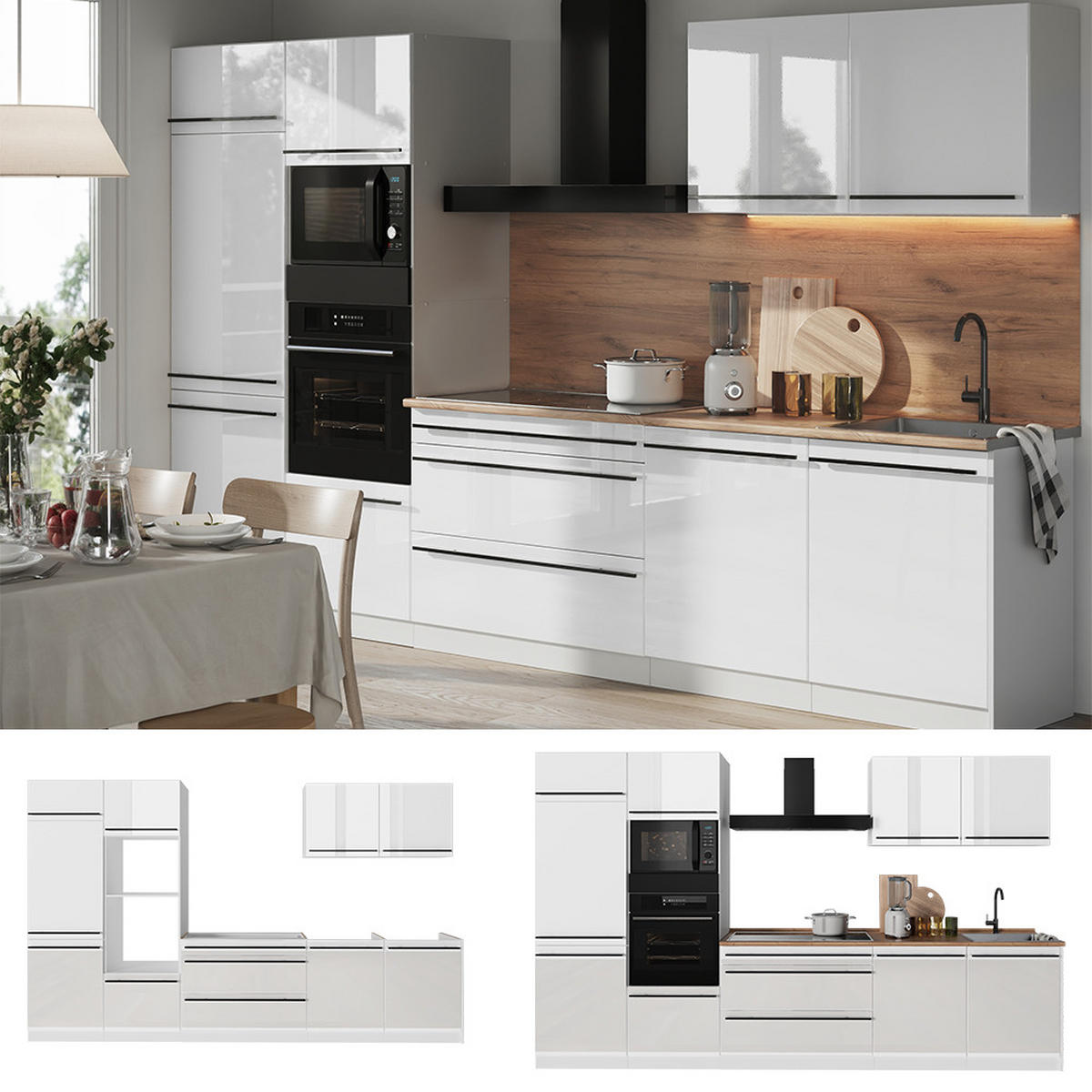 KUCHYNKA R-Line, Biely vysoký lesk/biely, 340 cm Marmori työtaso - biela/biela s vysokým leskom, kompozitné drevo (340/206.8/60cm) - Vicco