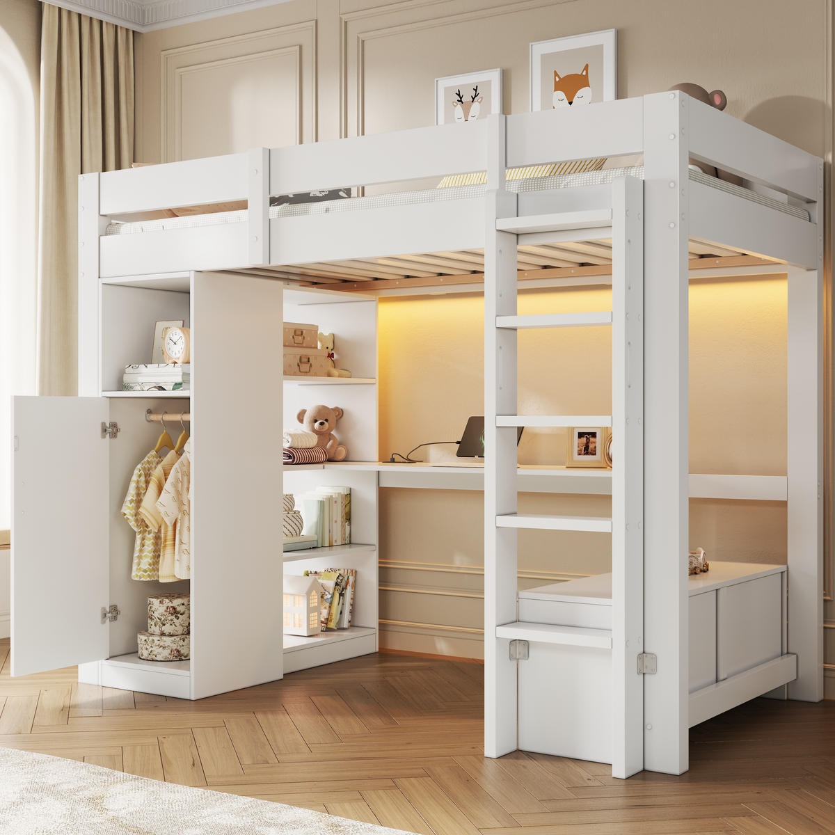 HOCHBETT weiß 90 × 200 cm aus Kiefernholz‑MDF mit Kleiderschrank, Regalen, Unterbettschreibtisch, LED‑Beleuchtung und USB‑Anschluss - Weiß, Holzwerkstoff (90/200cm) - Luhomfu