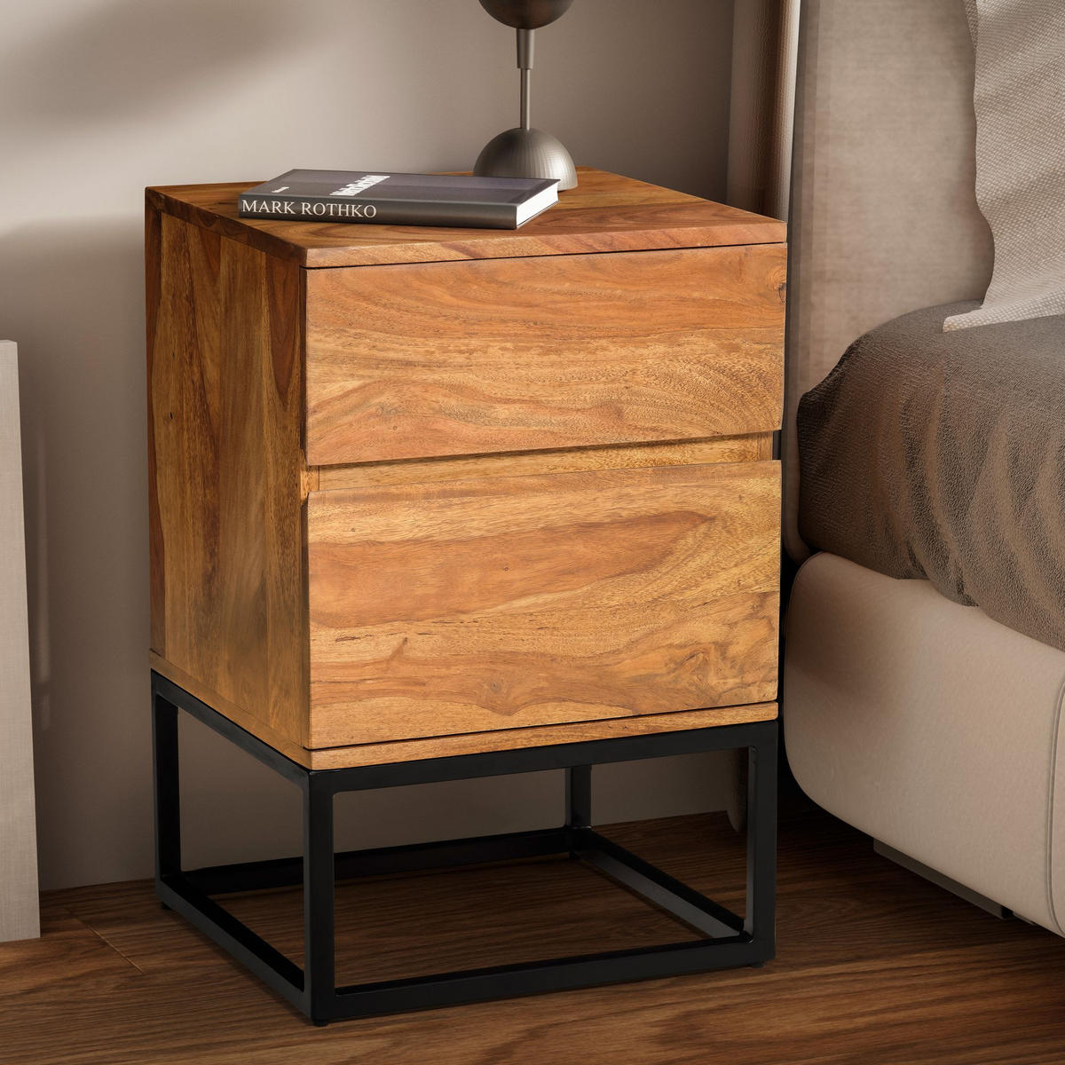 NACHTTISCH – Massivholz/Metall, 40x38x60 cm, 2 Schubladen, Industrial-Stil - Sheeshamfarben/Schwarz, Holz/Metall (40/60/38cm) - KADIMA DESIGN