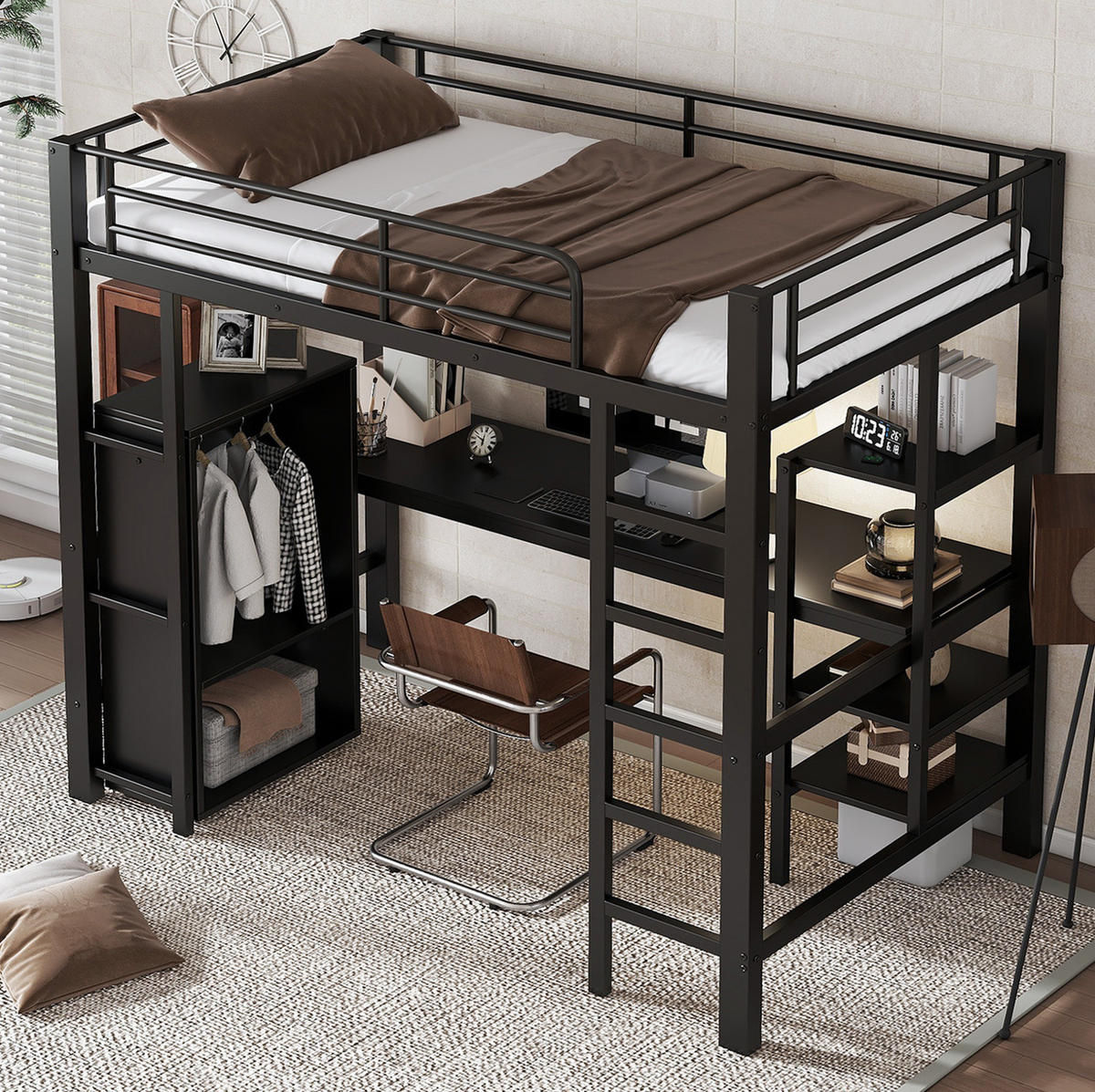 ETAGENBETT 90/200 cm in Schwarz mit Schreibtisch und Kleiderschrank - Schwarz, Metall (90/200cm) - OKMYHOME