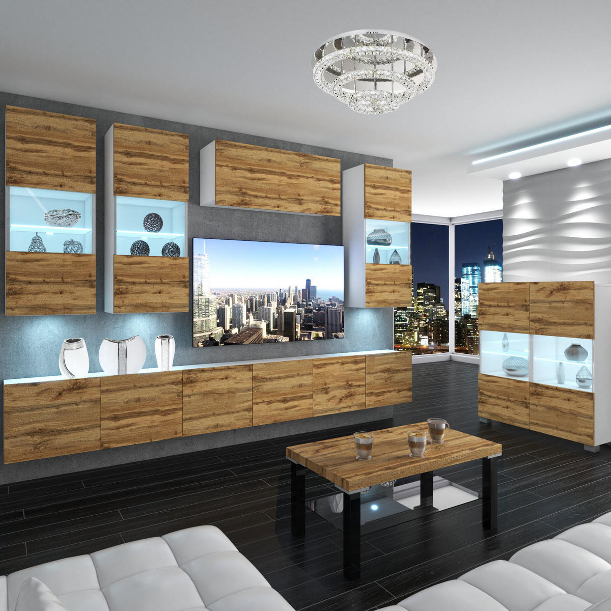 WOHNZIMMERWAND Schrankwand mit LED Wotan-Eiche - Braun, Holz (300/180/36cm) - B BELINI GROUP