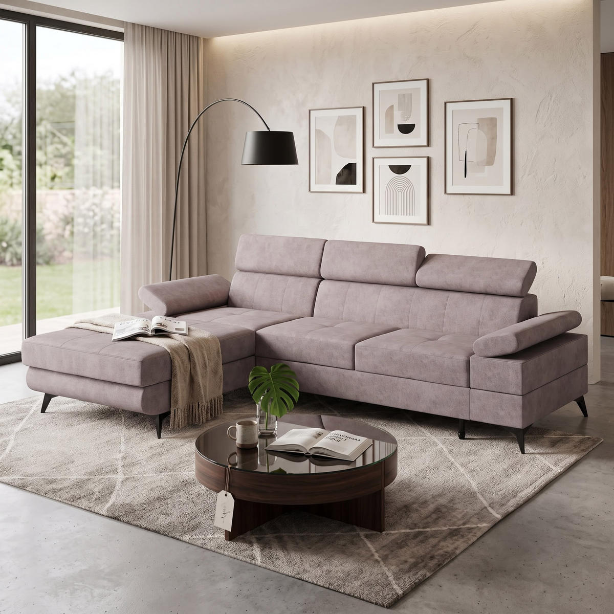 ECKSOFA VENTO Links Schwarz Velours Premium L-Form Couch mit Schlaffunktion & Bettkasten - Schwarz, Holz (190/261cm) - Barchello