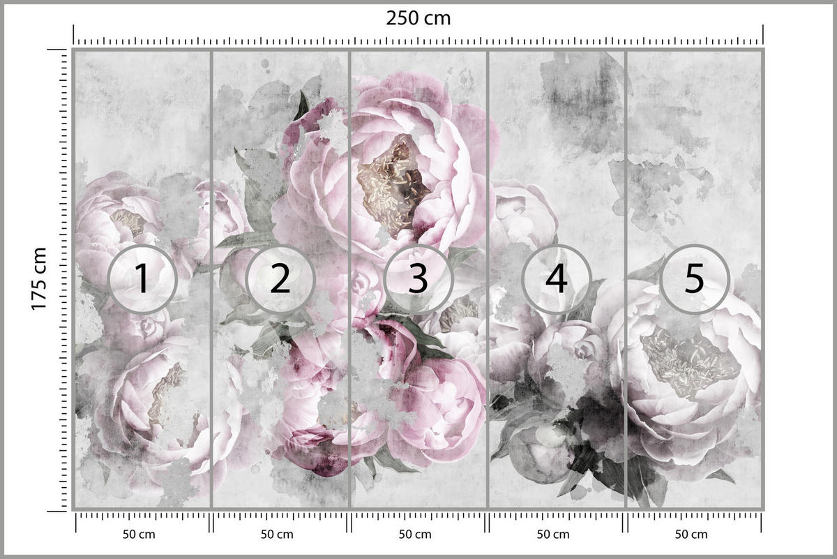 FOTOTAPETE für Küche Abstrakte Pink Pfingstrosen Beton Vintage 250x175 - Rosa/Grau, Papier (250/175cm) - Muralo