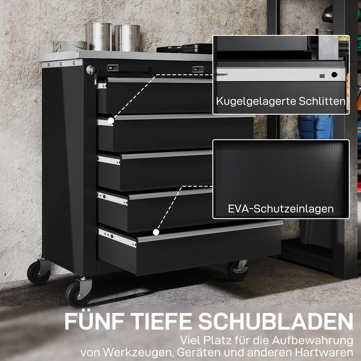 WERKSTATTWAGEN mit 5 Schubladen Werkzeugwagen leer abschließbar Stahl Schwarz - Schwarz, Metall (34.5/76/65.5cm) - HOMCOM