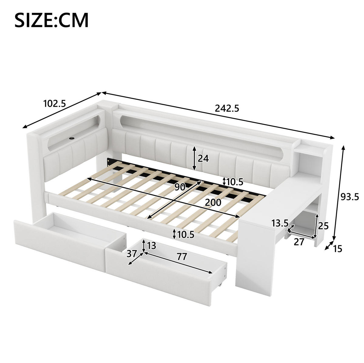 DENNÍ postel 90/200 cm bílá z MDF a překližky s čalouněním, LED, USB, stolem a 2 zásuvkami - bílá, kompozitní dřevo (90/200cm) - OKWISH