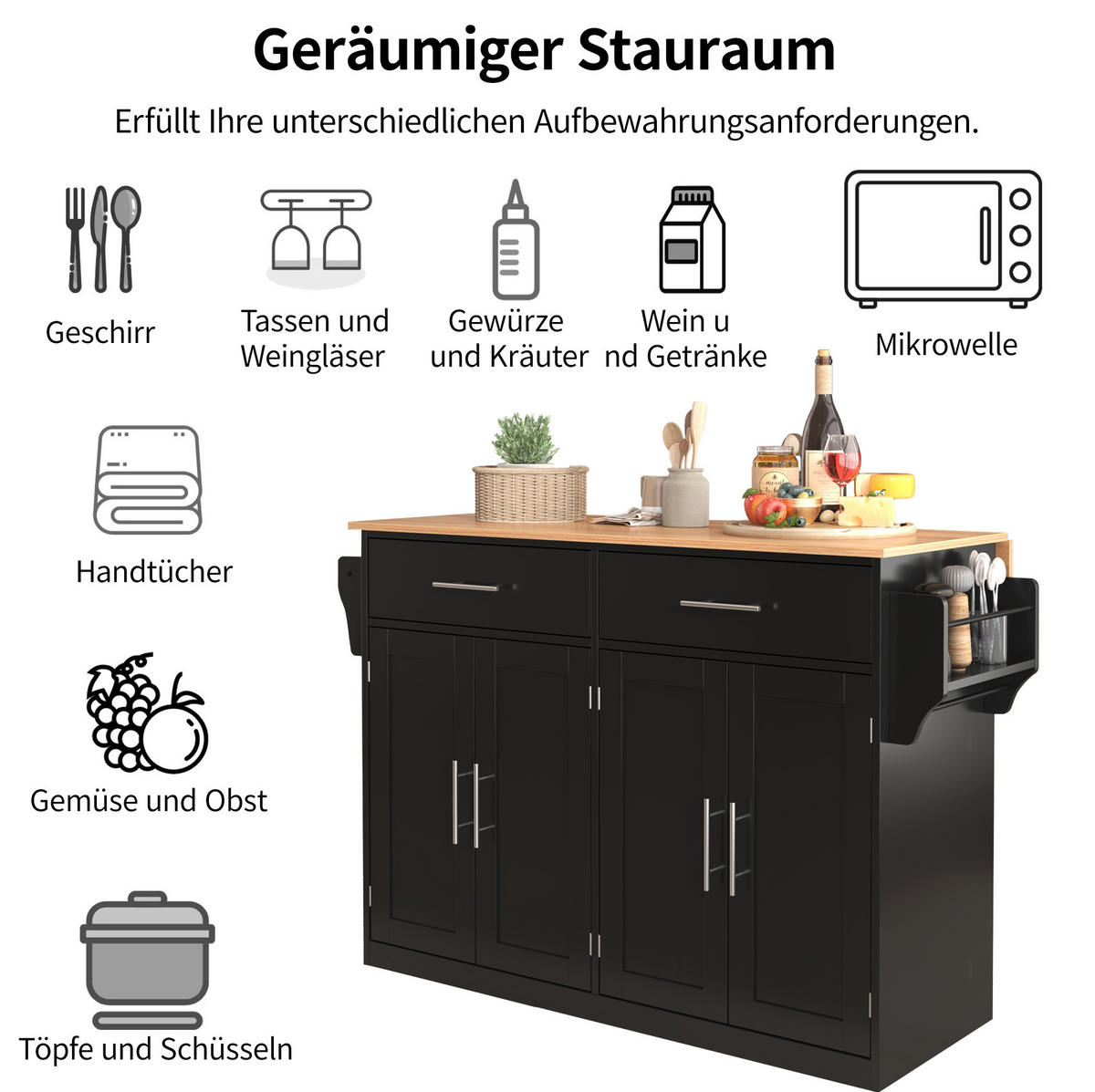 KÜCHENINSEL 120/46/91,5 cm mit klappbarer Tischplatte, 2 Schubladen, 4 Türen, Rollen und Holzfüßen, MDF, Schwarz/Natur - Schwarz, Holzwerkstoff (120/91.5/71cm) - Redom