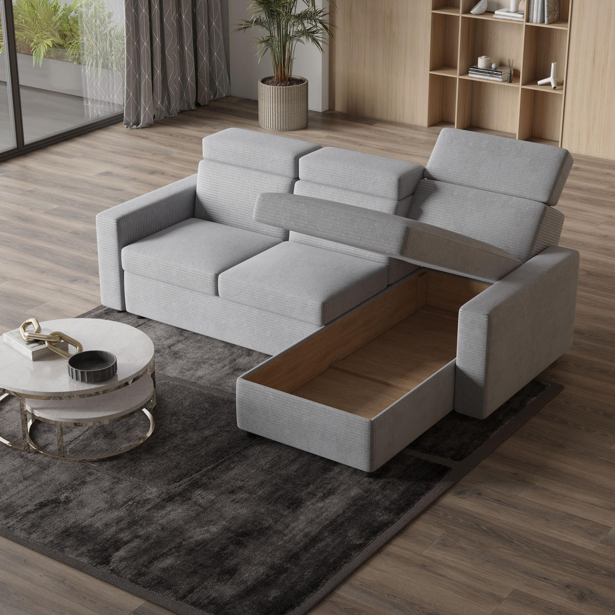 ECKSOFA PADWA Hellgrau Kordstoff mit Schlaffunktion - Hellgrau, Holz (227/168cm) - MASSENO