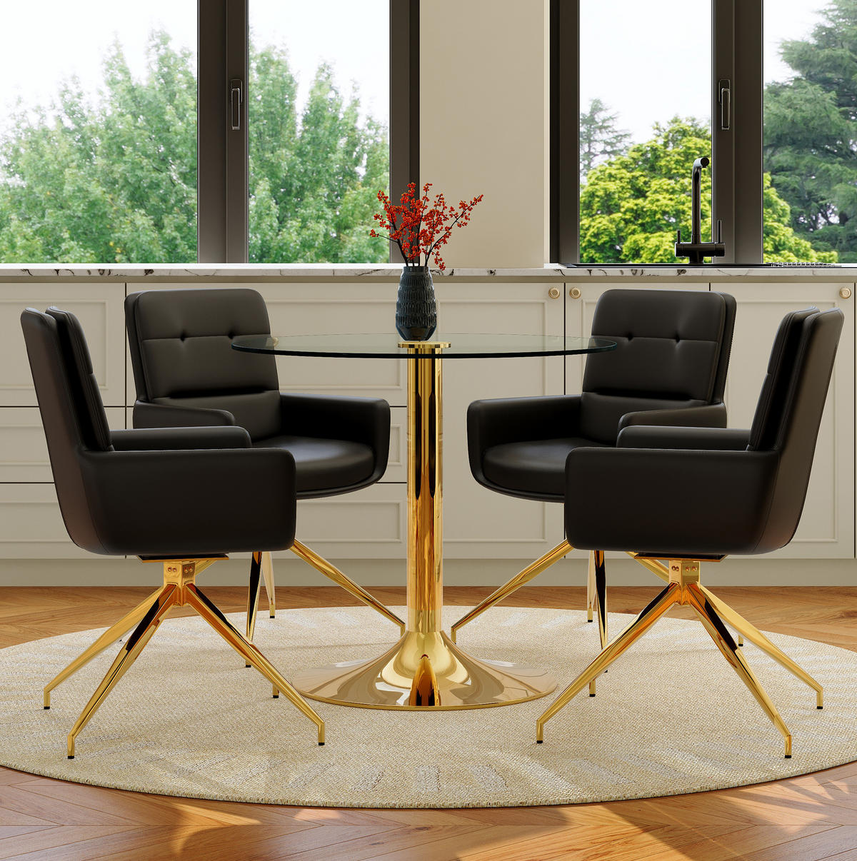 TISCH-UND-STUHL-SET 85 cm Glas Schwarz/Gold - Schwarz, Metall (85/76/85cm) - Meubliv